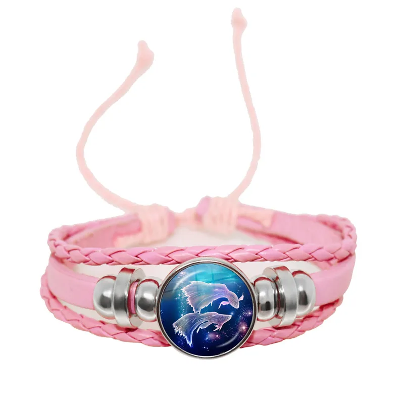 12 созвездий кожаный браслет Знаки зодиака ручной работы стеклянный кабошон