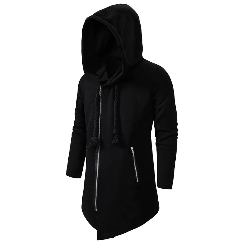 Men black gray hip hop long hoodies with thick string zippers hooded coat man vintage streetwear casual cosplay sweatshirts | Мужская