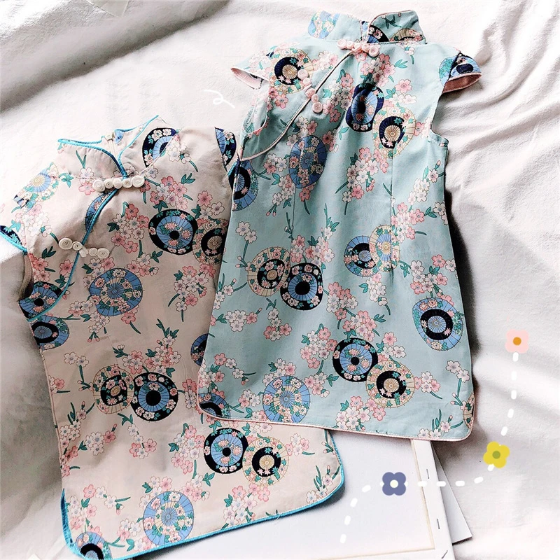 

Chinese Cheongsam For Girls Floral Print Hanfu Dress Short Sleeve Qipao Princess Summer