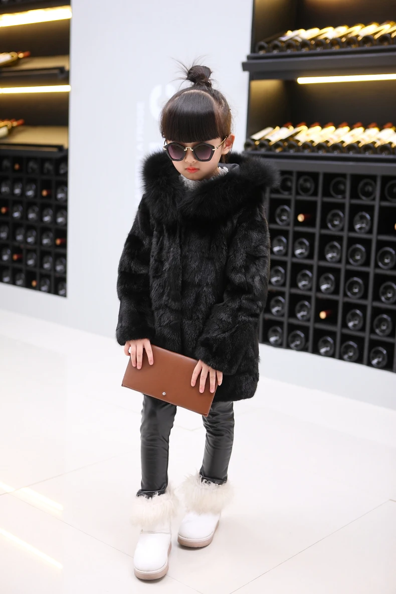 Шубка из натурального меха норки для девочек детская модная шубка с капюшоном