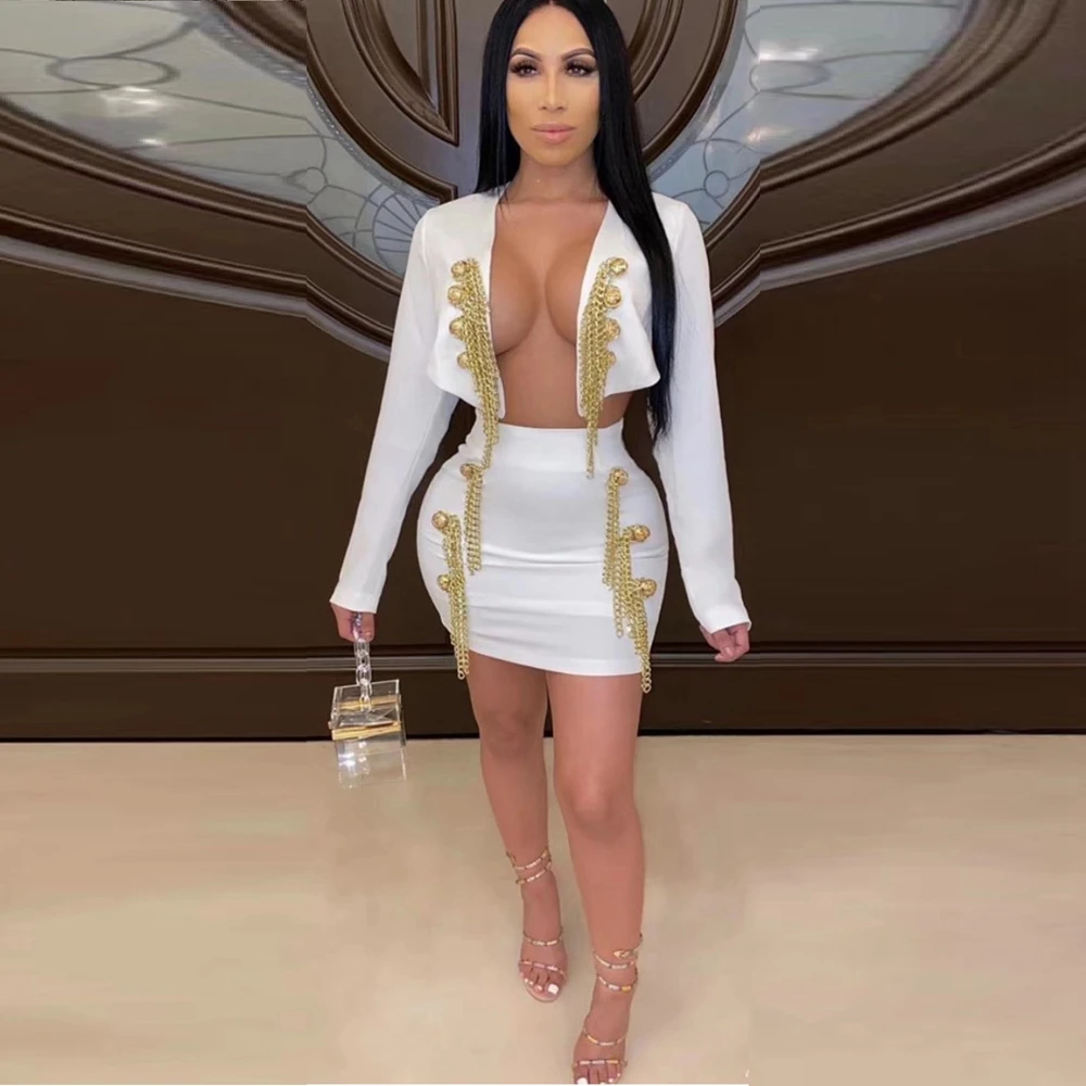 Новинка 2020 Элегантное черно белое платье из 2 предметов Бандажное с цепочкой на