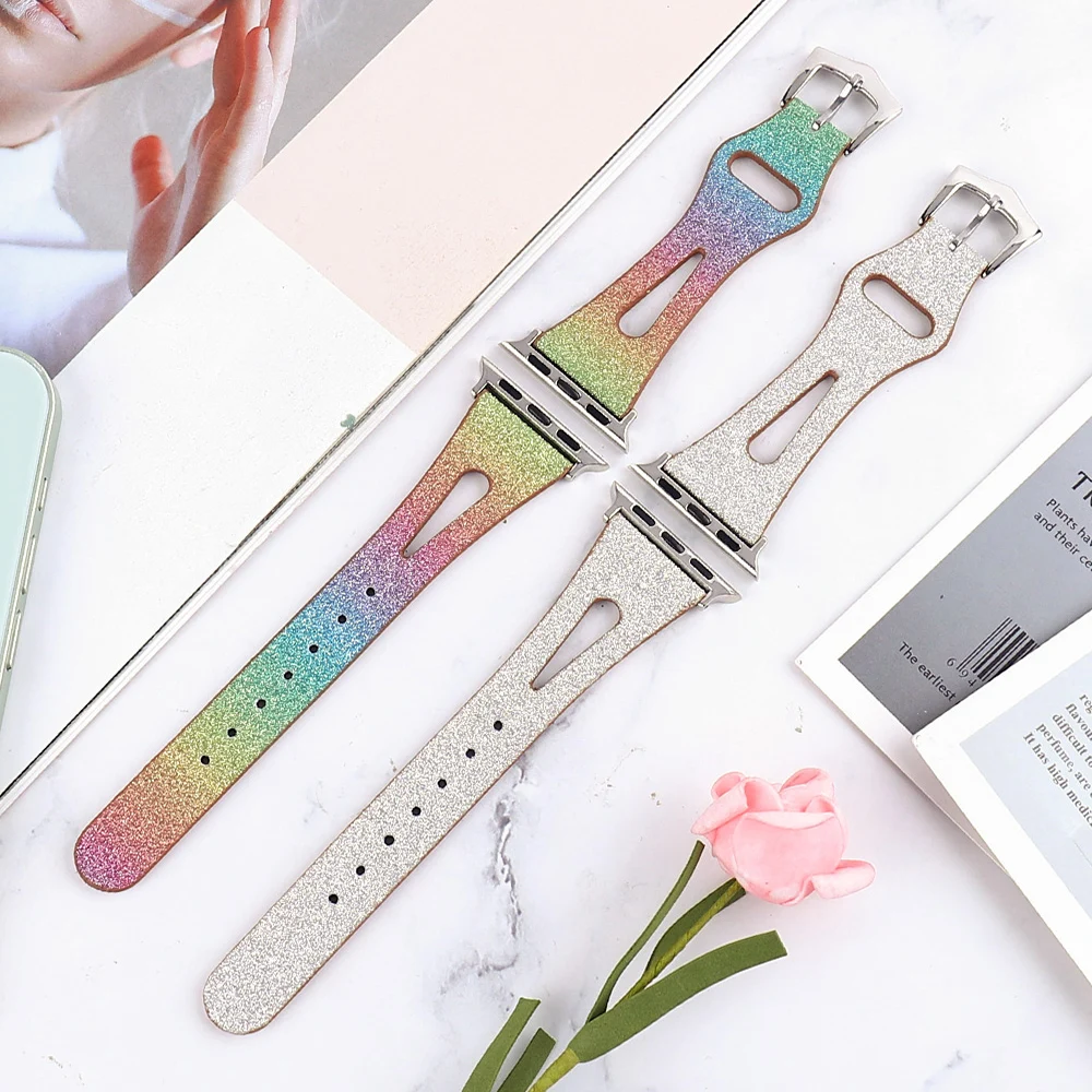 Ремешок кожаный для Apple Watch Band 44 мм 40 42 38 роскошный блестящий женский браслет