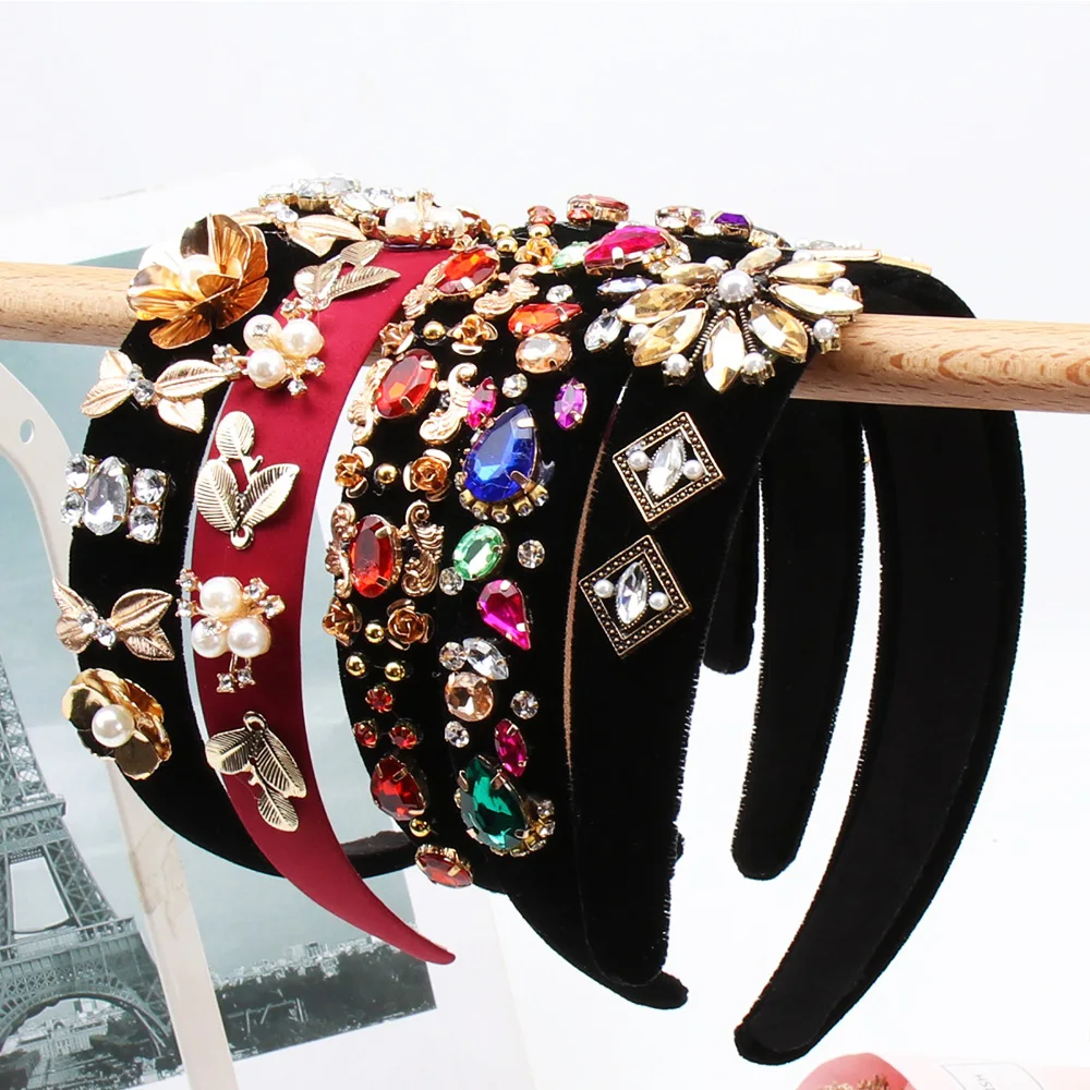 Этнический широкий обруч для волос блестящие стразы имитация жемчуга в форме