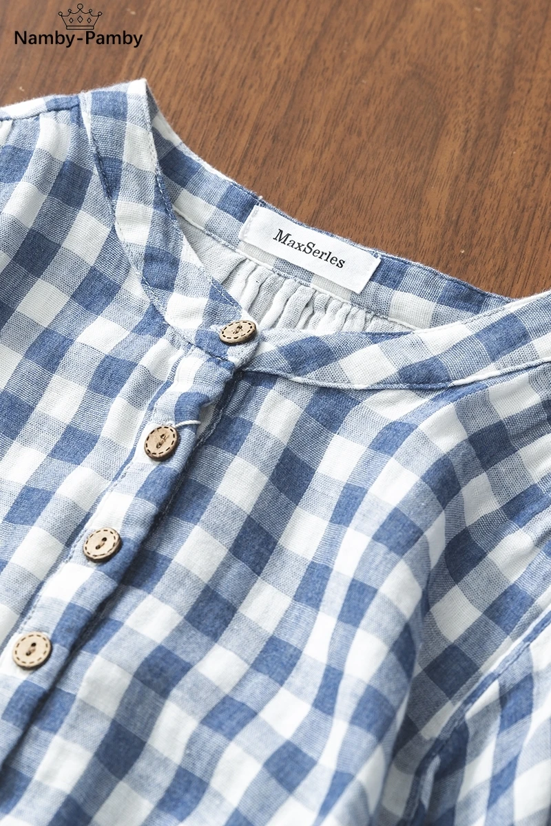 

Summer Batwing Sleeve Top Shirt Women Stand Collar Three Quarter Sleeve Plaid Shirt Double Layer Cotton Yarn Casual Shirt