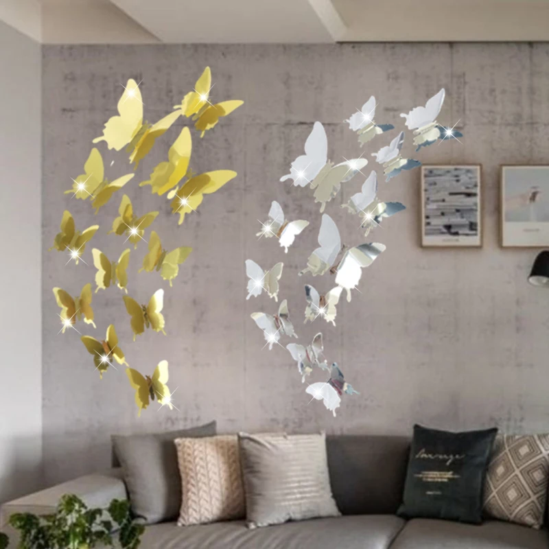 12 шт./компл. Новое поступление зеркальные серебряные 3D наклейки на стену в виде