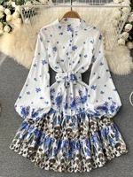 2022 fashion vintage long sleeve a line floral printed holiday dress women spring summer elegant lace up female buttons vestido