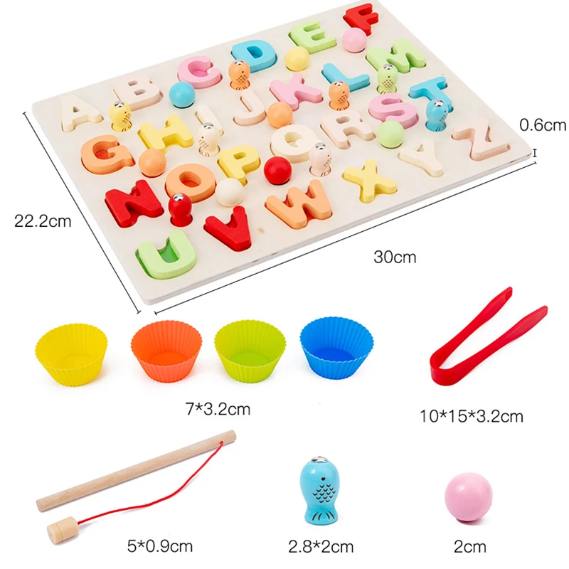 

Baby Multifunctional Wooden Educational Board Toy Preschool Learning Letters Digital Board Fishing Clips Beads 3-in-1