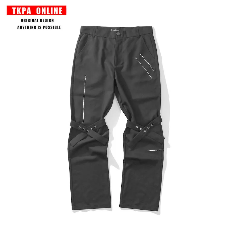 

2021 Fashion High Street Original Lace Ribbon Straight-Leg Trousers Hot Drilling Overalls Loose Flared Suit Pants Men Fashion