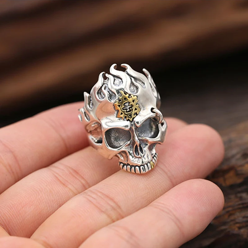 

S925 silver domineering personality men's skull flame ring punk ring