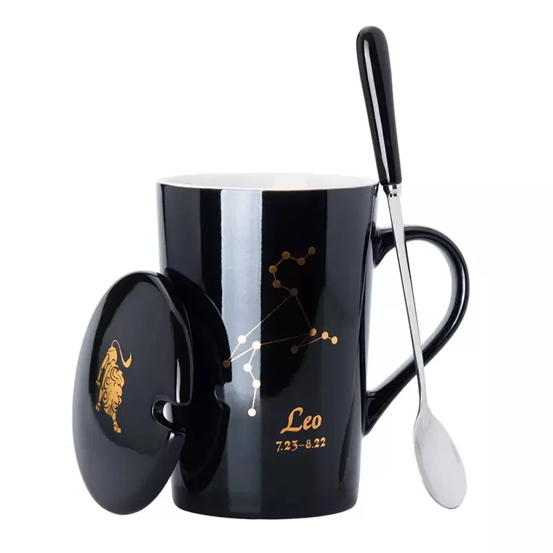 

Ceramic Mugs 12 Constellations Creative Mugs with Spoon Lid Black Gold Porcelain Zodiac Milk Coffee Cup Home Office Drinkware