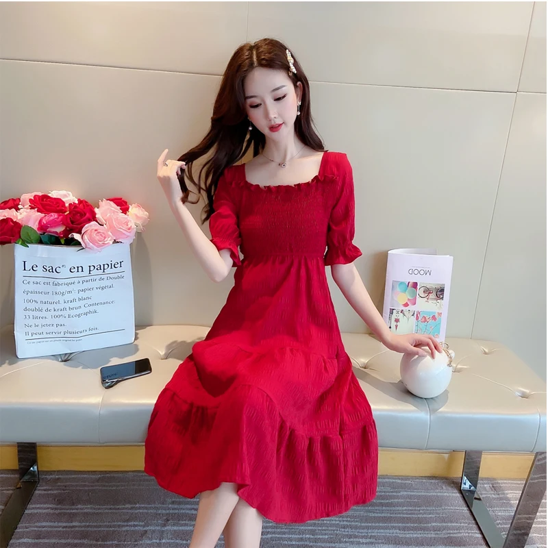 

2021 Fashion Women Dress Summer Sukienka Midi Red Black Dress Vestiti Donna Eleganti Vestido Verano Mujer A144