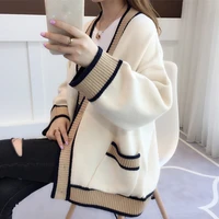 womens cardigan knitted korean fashion stripe wool sweater for women winter long sleeve v neck casual knitwear coats female