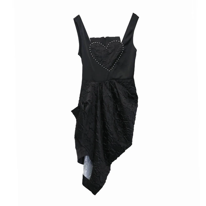 

[EAM] Women Black Irregular Split Temperament Dress New Quare Collar Sleeveless Loose Fit Fashion Tide Spring Summer 2021 1X883