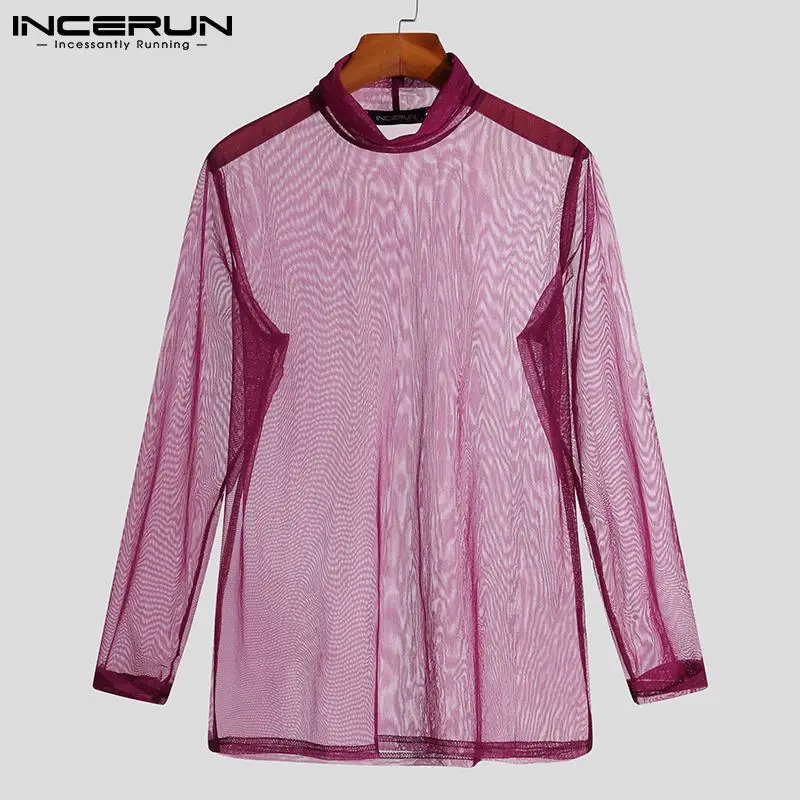 

Tops 2021 Comeforable Sexy Men's Pullover Camiseta Breathable Mesh Long Sleeve T-shirts High Collar Bottoming Tees S-5XL INCERUN
