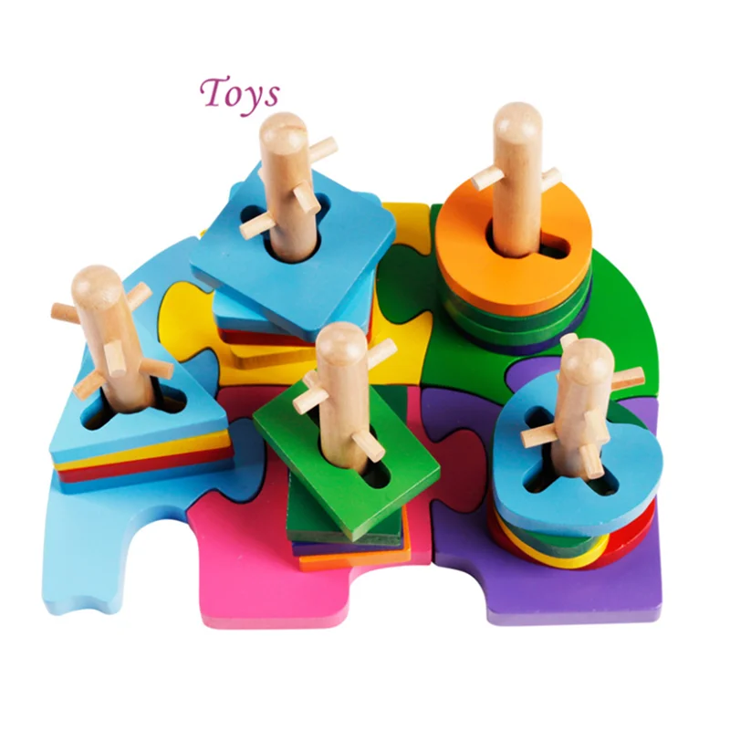 Baby Toys Column Set Geometric Building Blocks Wooden For Kids Carton Elephant Macaron Color Educational Gift | Игрушки и хобби