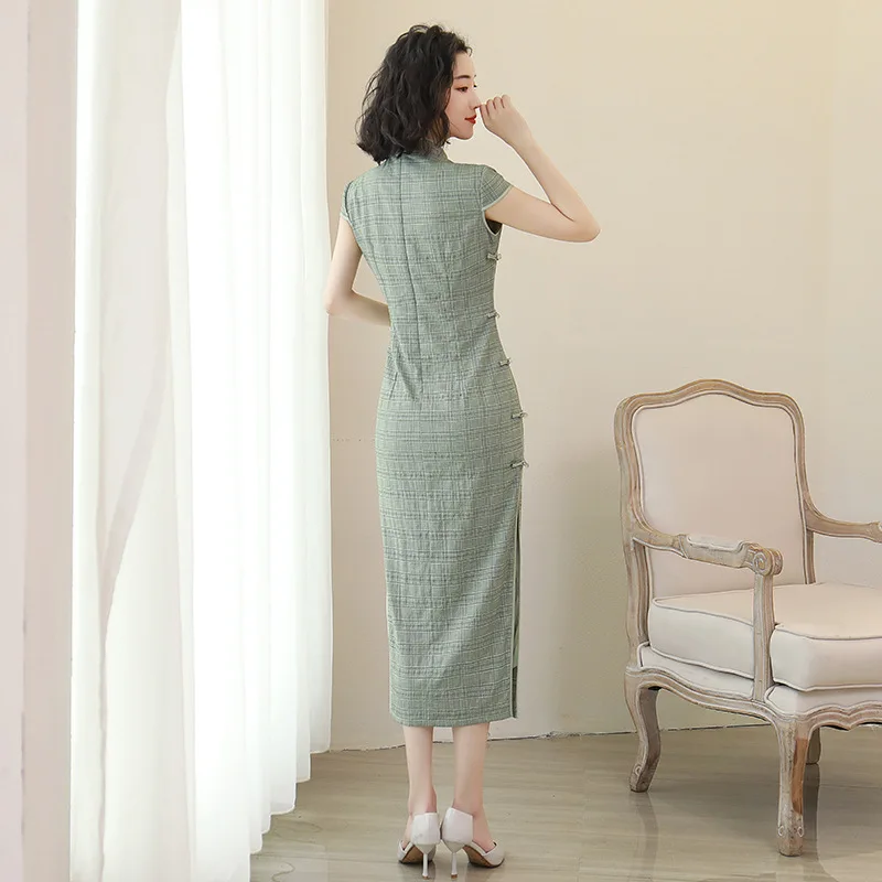 Женское длинное платье-Ципао в стиле ретро хлопково-льняное платье клетку для