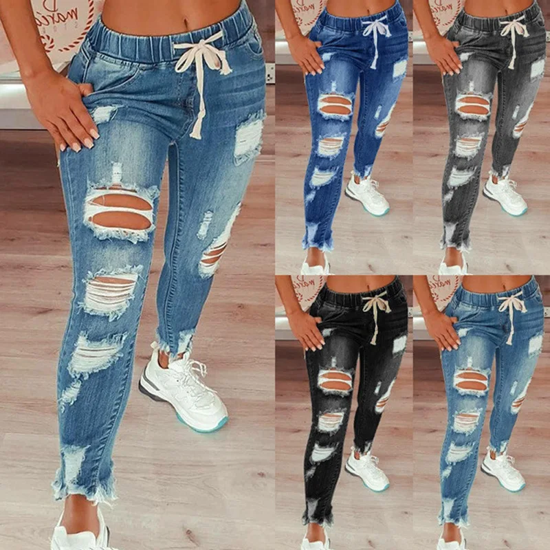

Sexy Women Solid Ripped Skinny Jean Pants With Hole Pocket Lady Fall Slim Fit Skinny Jeans Streetwear Denim Pants