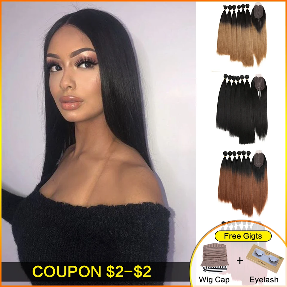 

Bella Yaki Straight Hair Bundles 7Pcs/Pack 16-20inch Ombre 613# 4Colors Synthetic Hair Bundles With Closure Weave Hair Extension