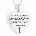 Бог больше, чем у высоких и низких-христианские кремации ювелирные изделия для пепла крест урна в виде сердца ожерелье кулон Мемориал пепел