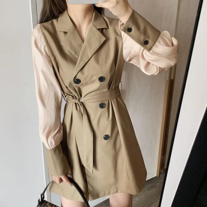 

2021 Vintage Korean Clothes Autumn Women Tops Double-Breasted Slim Patchwork Coats Windbreaker Belt Trench Coat Female DD047