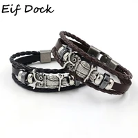 eif dock fashion charms multiple layers owl leather bracelet men vintage classic rope chain wrap arm bracelet set male jewelry