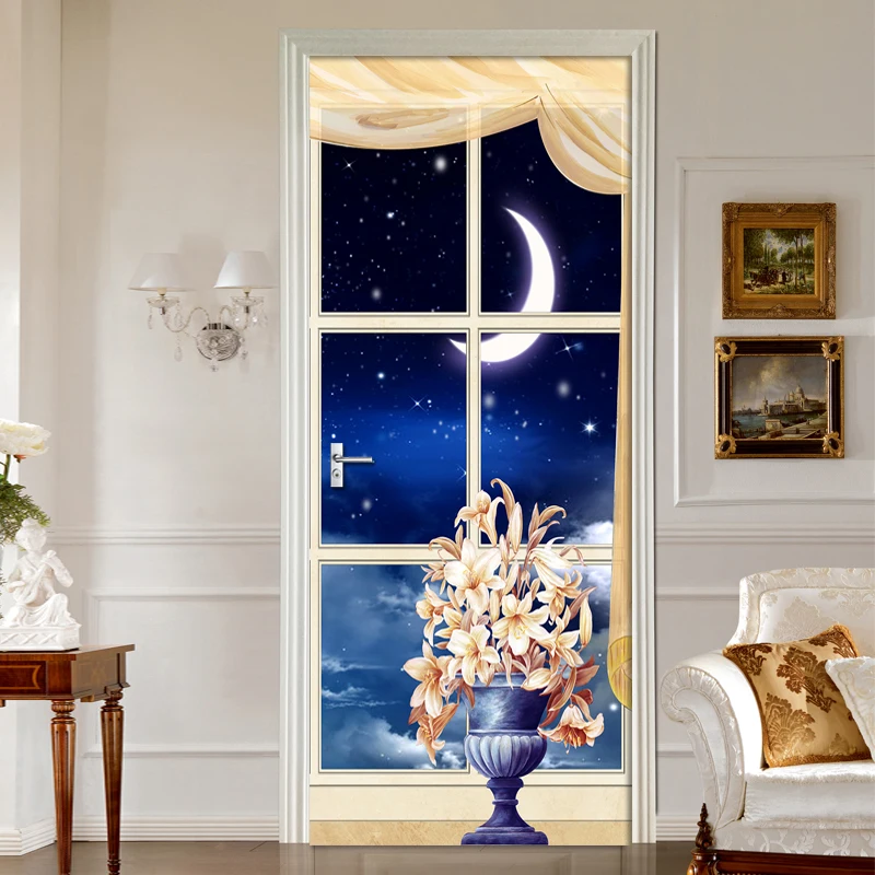 DIY дверь стикер ПВХ водонепроницаемый самоклеющиеся Звездное Окно Луна 3D обои