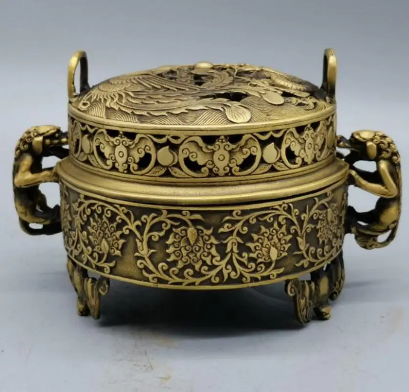 

China brass dragon phoenix incense burner crafts statue