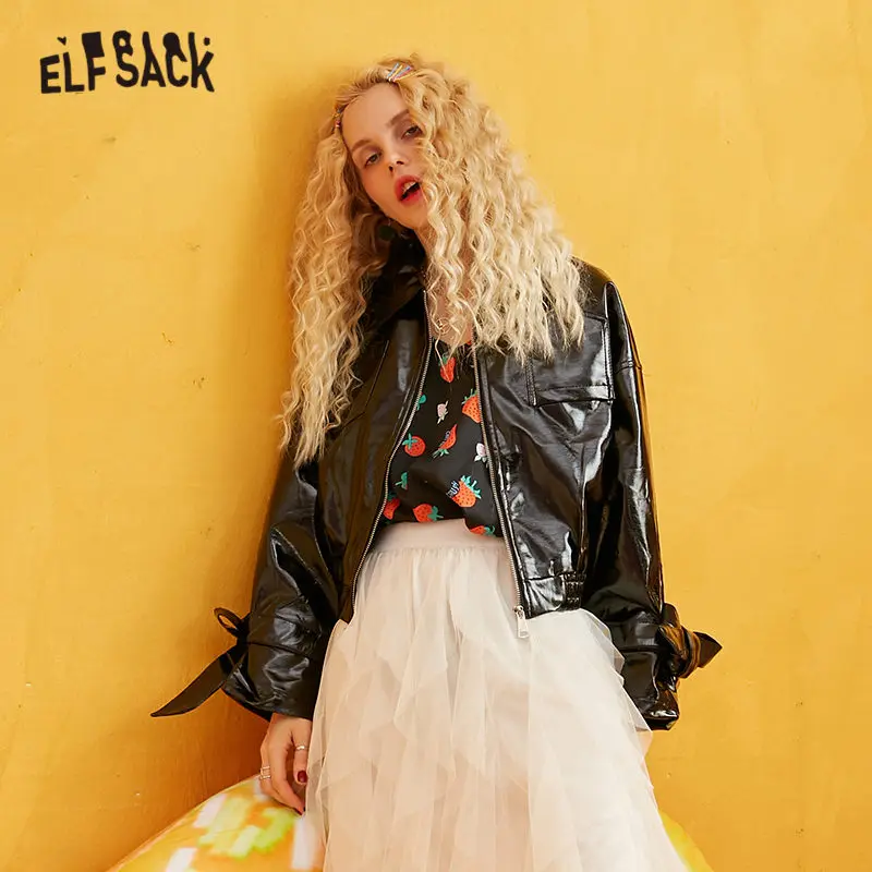 ELFSACK, красные, одноцветные, на молнии, новинка, гранж, женские кожаные куртки, осень, бант, рукав, локомотив, повседневная, офисная, женская верхняя одежда