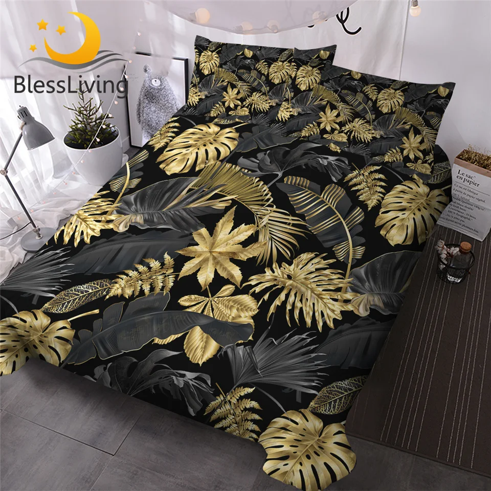 

BlessLiving Nature Inspired Bedding Set Tropical Monstera and Palm Leaves 3 Piece Black Gold Trendy Duvet Cover Botanical Chic