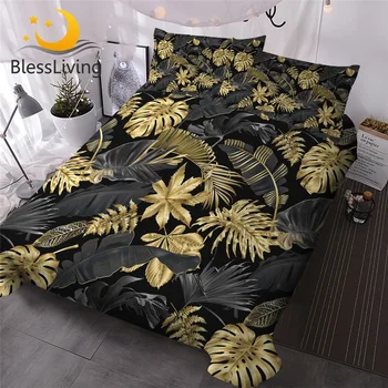 BlessLiving Nature Inspired Bedding Set Tropical Monstera and Palm Leaves 3 Piece Black Gold Trendy Duvet Cover Botanical Chic 1