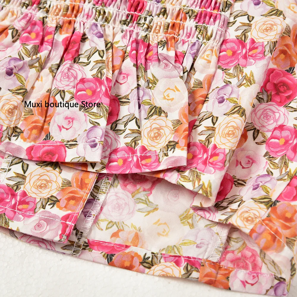 

Muxi short sling crop tops French rose print close-up small sling sexy single-row button-down top