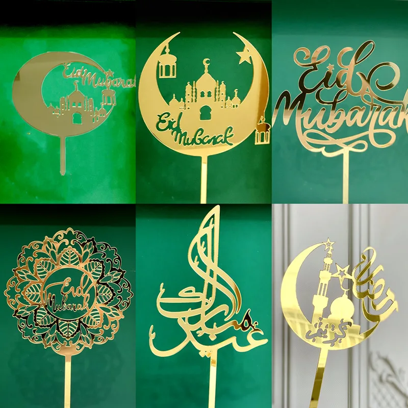 

2022 New Muslim Islam Happy Eid Mubarak Golden Silver Acrylic Cake Topper Celebrating Ramadan Baking Cake Decorations