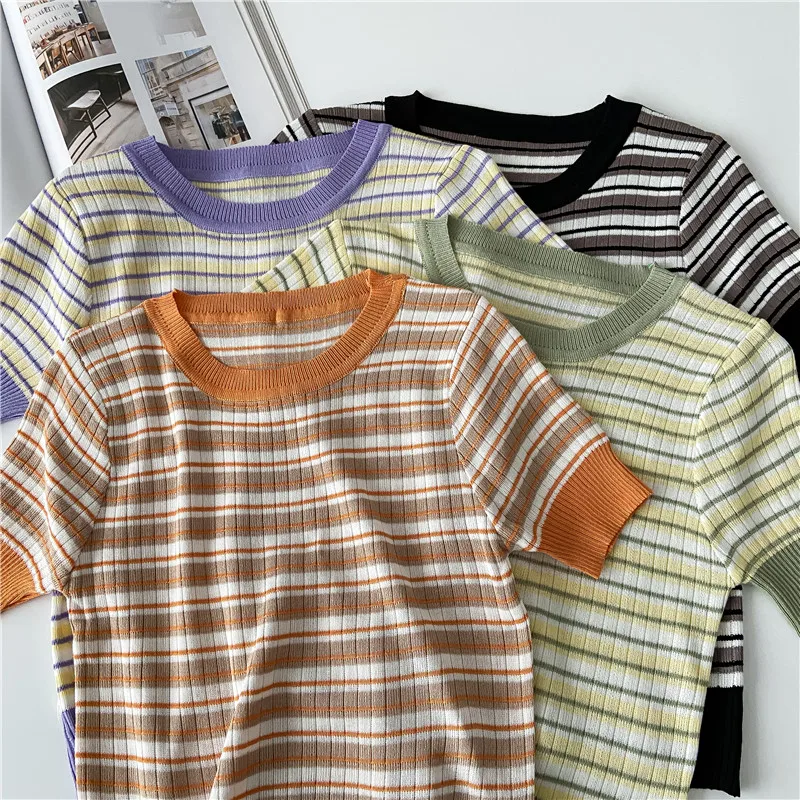 

Вязаная футболка с прострочкой Одежда Женская Корейская полосатая футболка Женские пуловеры с коротким рукавом Повседневная стройнящая ж...