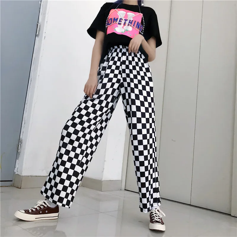 Женские винтажные брюки GOTH GIRL Harajuku черные белые клетчатые с высокой талией