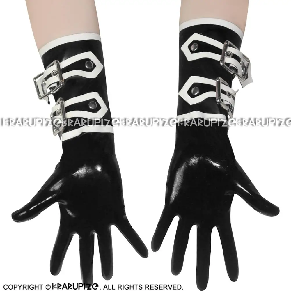 

Black And White Trims Sexy Short Latex Gloves With Buckles Rubber Mittens ST-0012