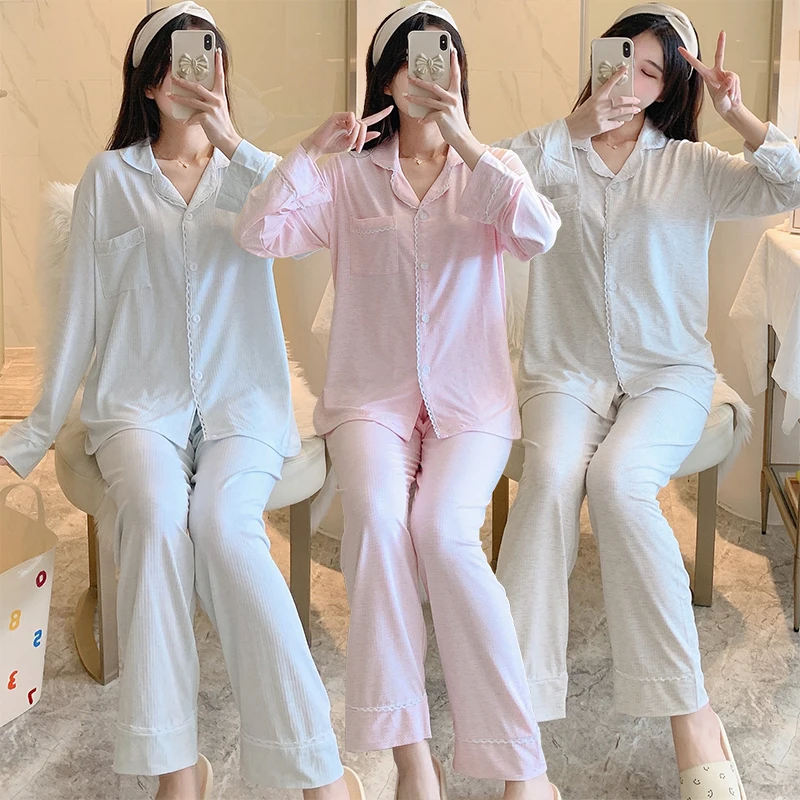 

2021 Autumn 100% Cotton Long Sleeve Pajama Sets for Women Korean Loose Sleepwear Pyjama Homewear Loungewear Pijama Mujer Clothes