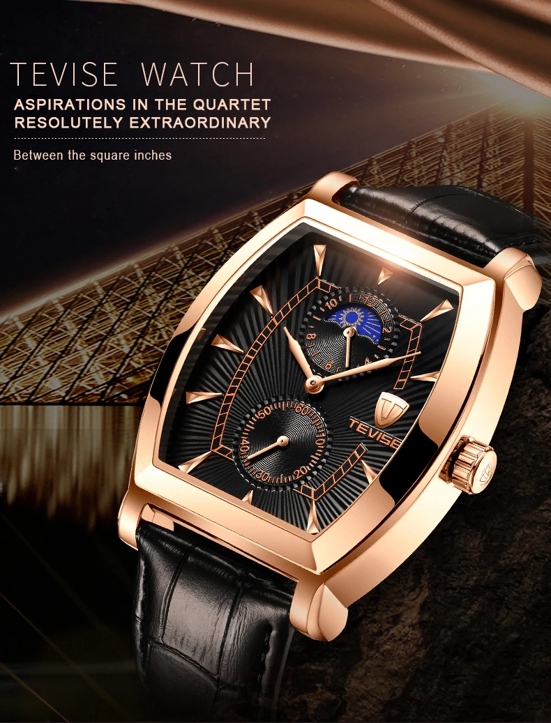 TEVISE 8383S мужские часы Moon Phase настоящие водонепроницаемые кварцевые часы с кожаным ремешком Мужские повседневные наручные часы Relogio Masculino