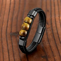 2021 new natural tiger eye 3 lucky charm jewelry bracelet 316l stainless steel leather cord mens bracelet ol style