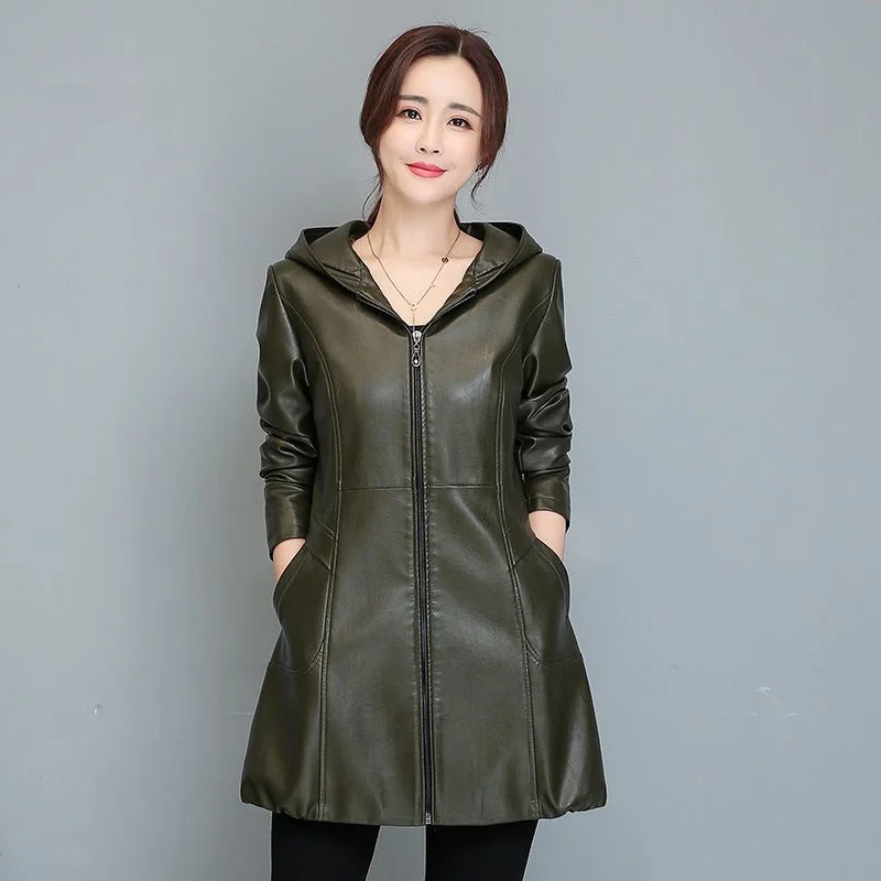 2021 Sheepshin Leather Women Casual Hooded Jackets High Quality Slim Thin Autumn Winter Plus Cotton Leather Coats Female Leather