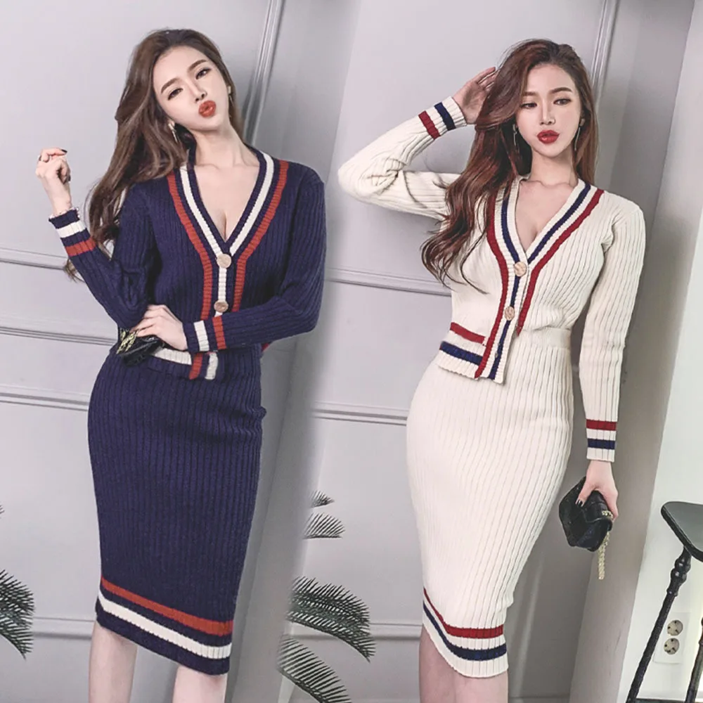 

Женский элегантный комплект из 2 предметов в полоску, корейский шикарный осенне-зимний вязаный кардиган с V-образным вырезом, облегающая юбк...
