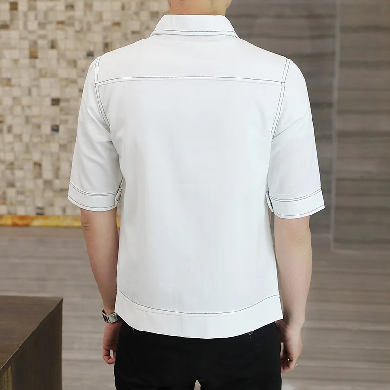 

Loldeal Short-sleeved Shirt Men Solid Color Mixed Cotton Comfortable Multi-pocket Decoration
