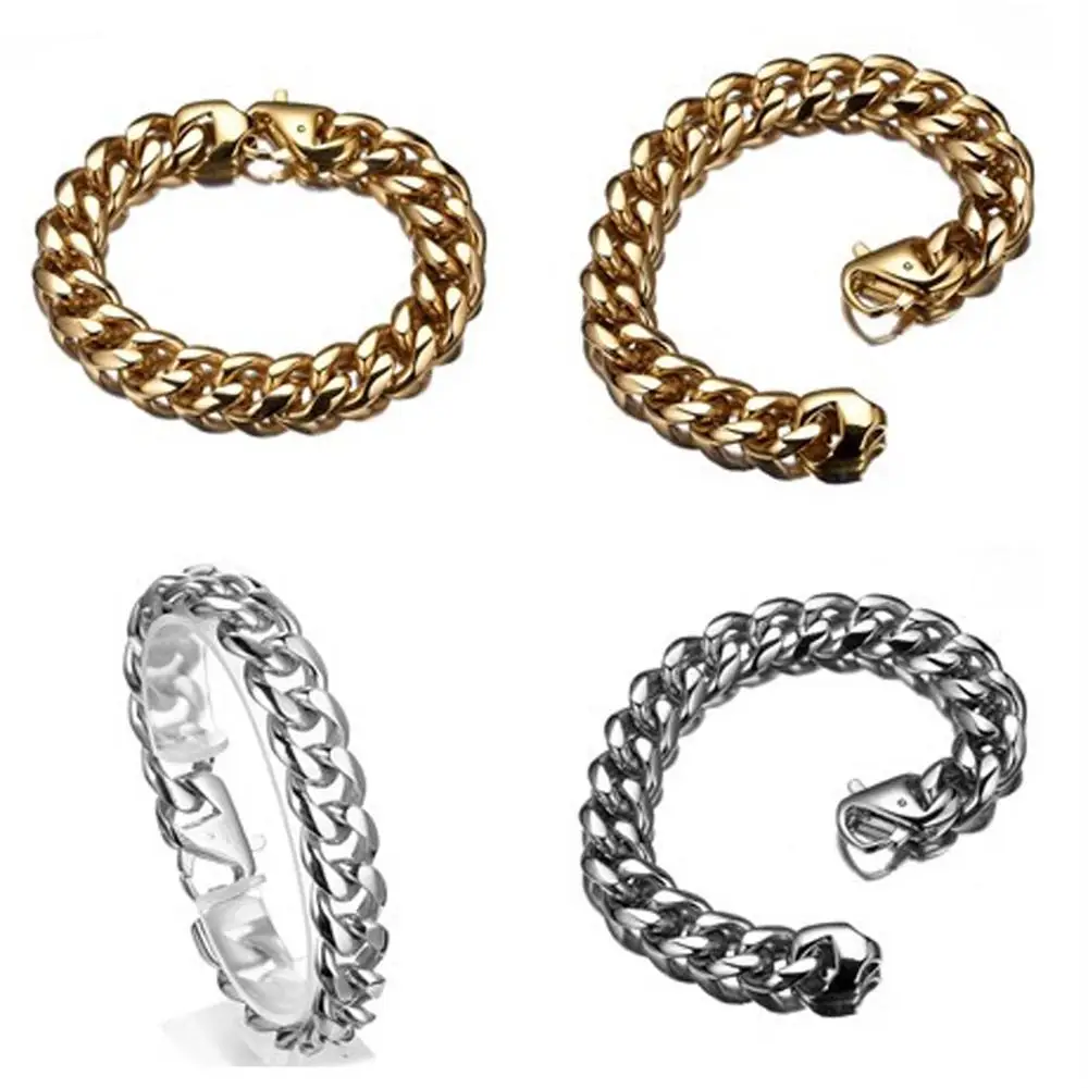 

Curb Cuban Lik Chain Bracelet for Cool Men 316L Stainless Steel Gold Color Vintage Bracelet Jewelry 7-11inch 15mm Wide