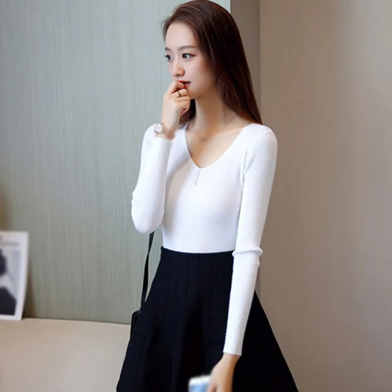 

Autumn Knitted Tops Women Casual Solid Color Long Sleeve V-neck Pullover Female Bottoming Top
