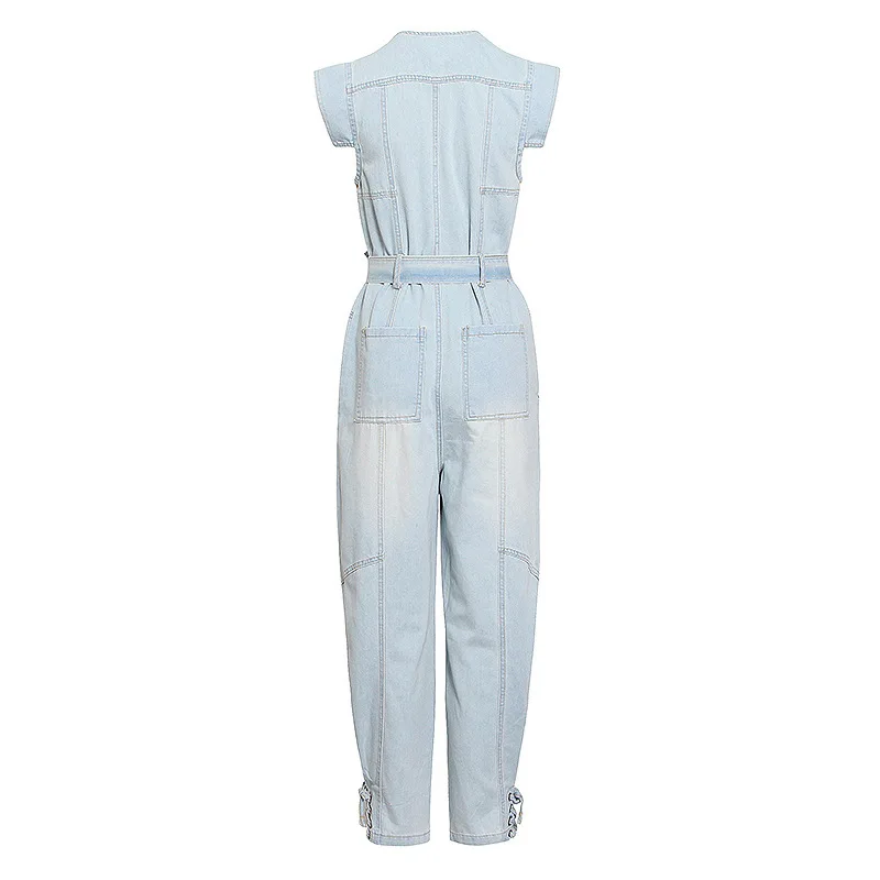 

VGH Casual Denim Jumpsuit For Women O Neck Sleeveless High Waist Lace Up Bowknot Wide Leg Jumpsuits Female 2020 Summer Fashion