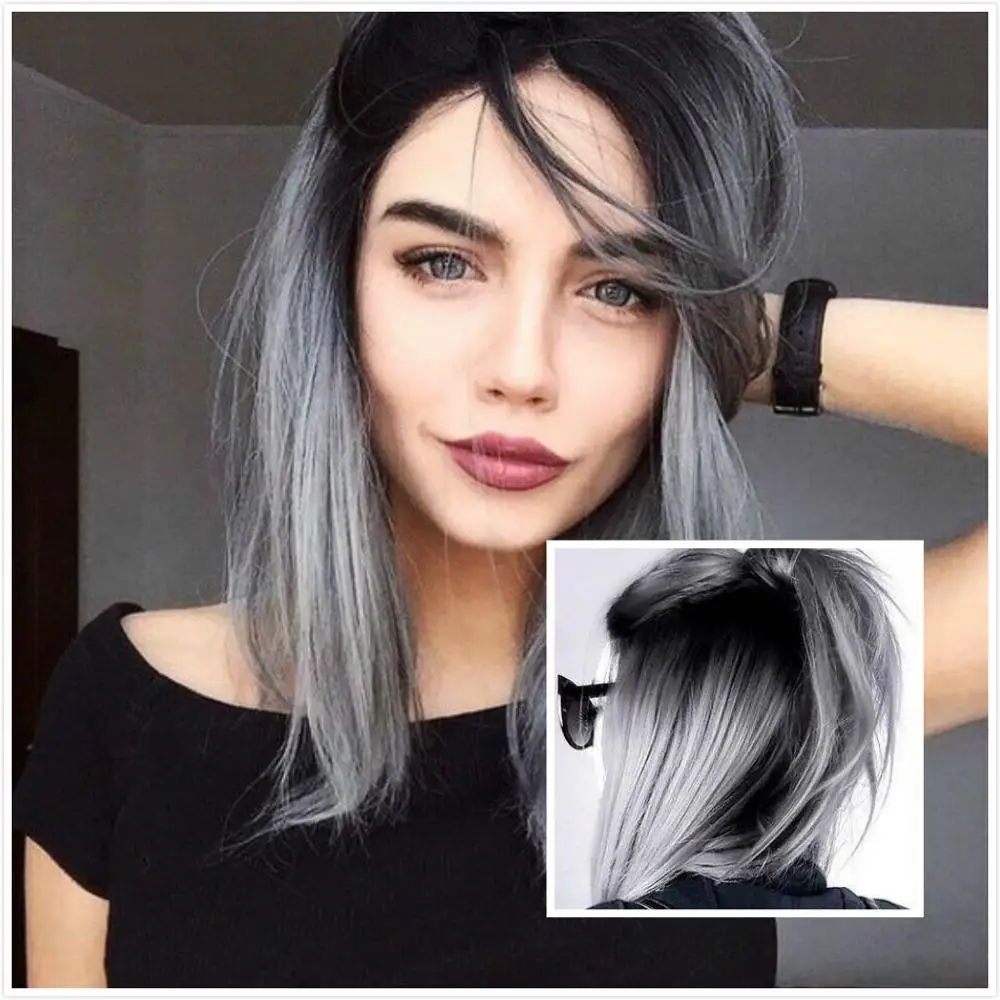 FAVE парик парики женские короткие прямые Ombre Боб черный пепельный Лен коричневый розовый синтетические парики для черных женщин 12 дюймов средняя часть Glueless Косплей парики - Цвет: Серебристый серый