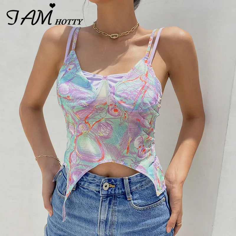 

Y2K Cut Design Printed Mesh Camisole Women Harajuku Cute Crop Top Bustier Corset Aesthetic Sleeveless T Shirt Summer Iamhotty