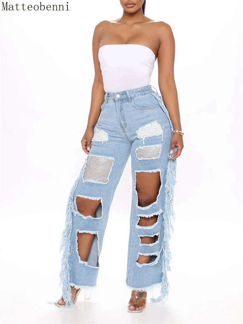 High Waist Straight Baggy Jeans Pant For Women Streetwear Loose Lady Sexy Tassel Ripped Hole Denim Boyfriend 2020 | Женская одежда