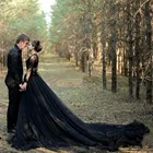 Черное свадебные платья в стиле Country ТРАПЕЦИЕВИДНОЕ кружевное Тюлевое свадебное платье с высоким разрезом и V-образным вырезом, свадебное платье с длинным рукавом, размера плюс