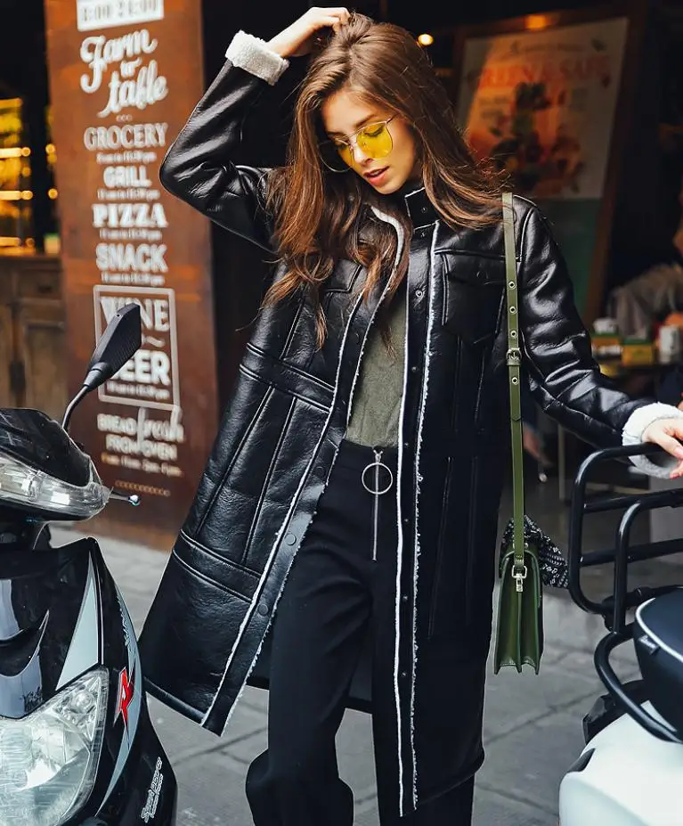 

Зимняя модная Новая женская куртка из искусственной кожи с длинным рукавом Плотная теплая верхняя одежда женская однобортная Повседневная...