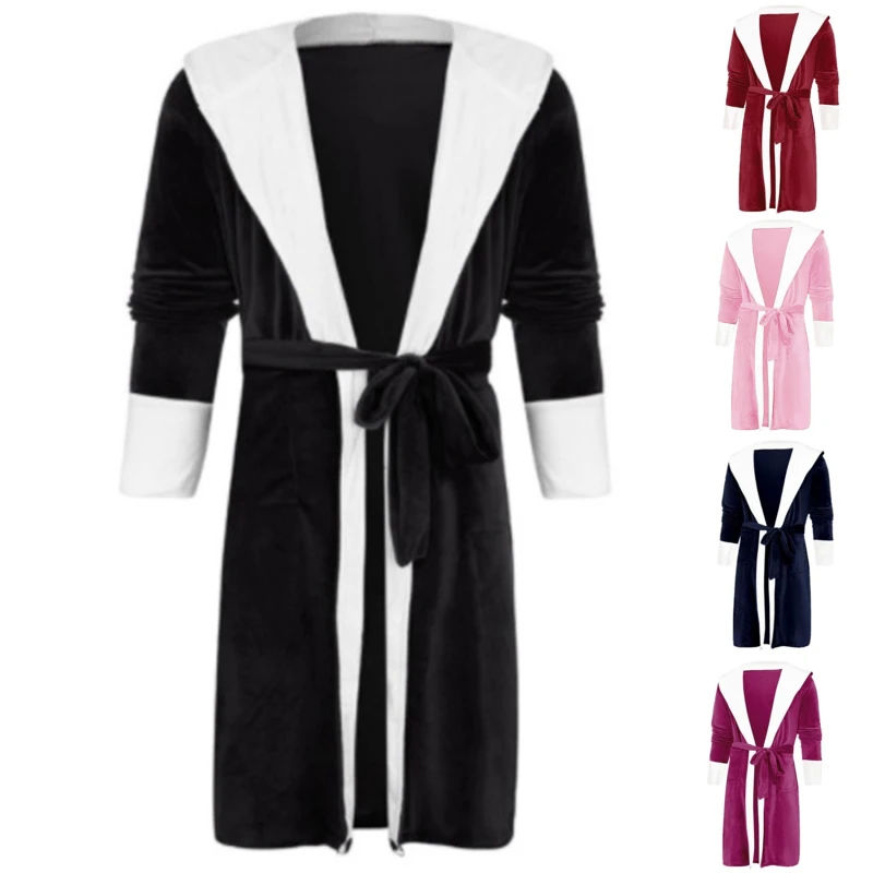 

Women Men Winter Plus Size Flannel Robe Extra Long Hooded Warm Bathrobe Lovers Thick Kimono Bath Robe Male Dressing Gown Robes